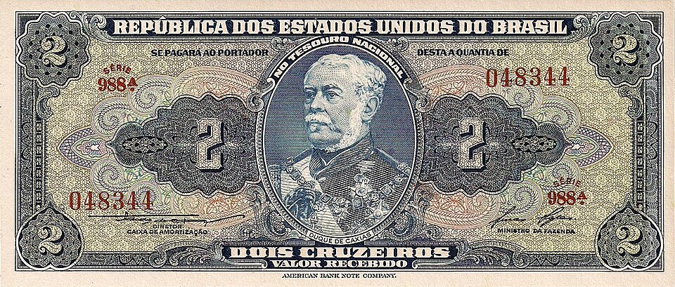 Cédula brasileira de dois cruzeiros com retrato do Duque de Caxias