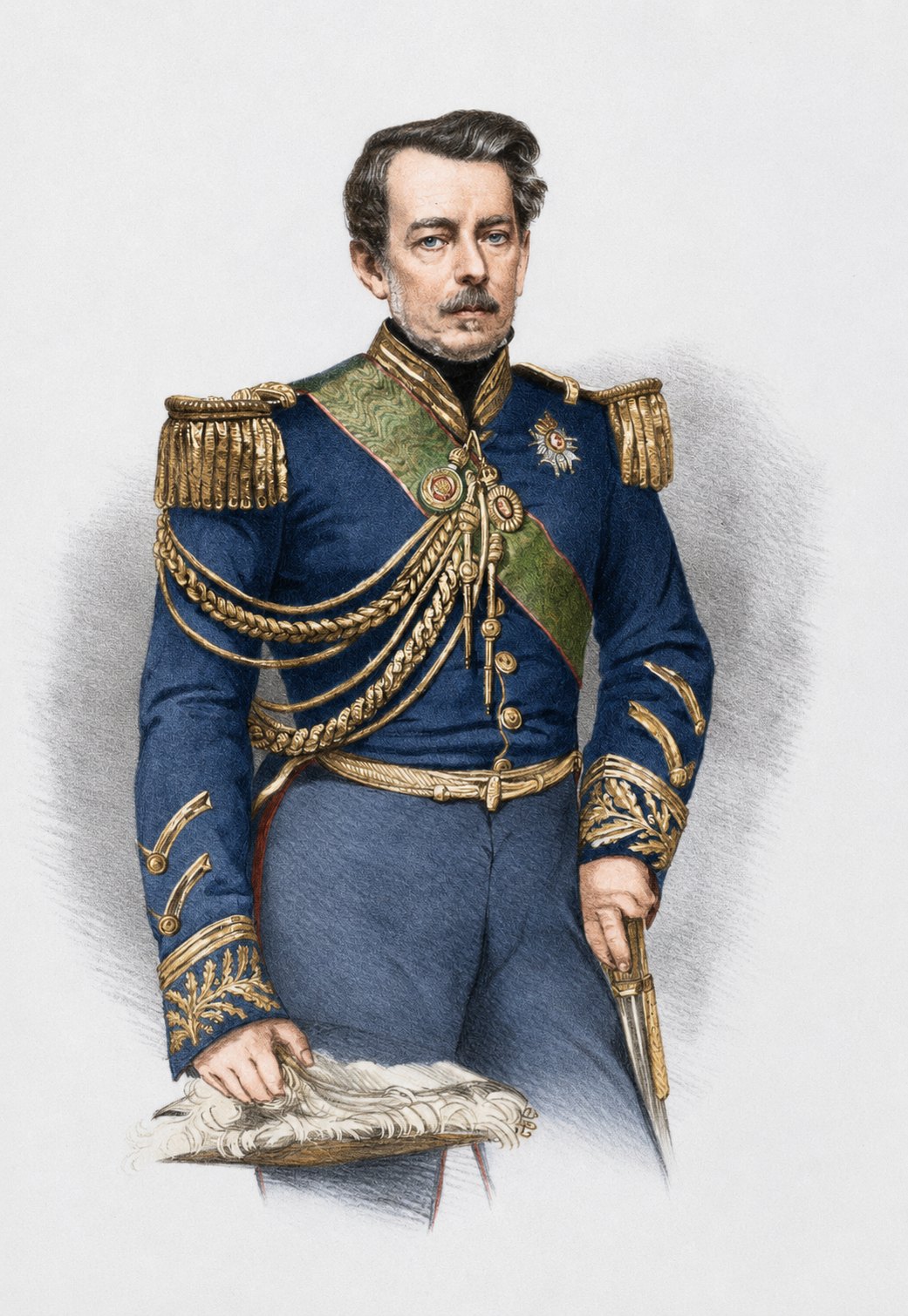 Retrato em cores de Caxias em uniforme militar, identificado como de 1857