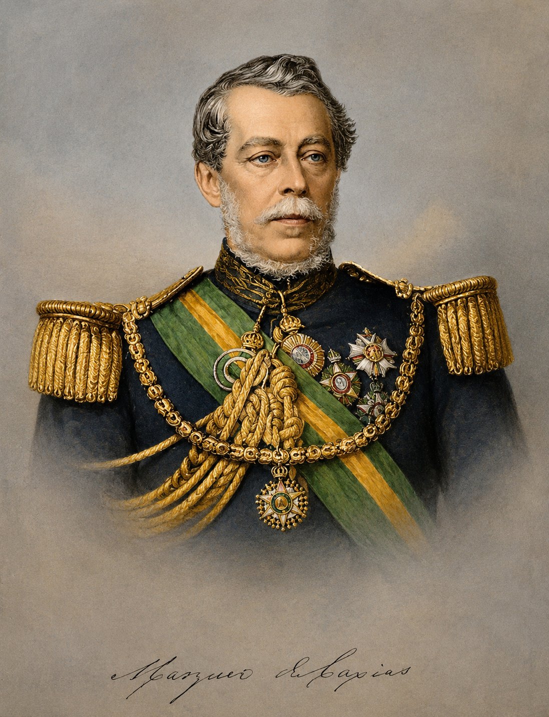 Retrato em cores de Caxias em uniforme, identificado como de 1869
