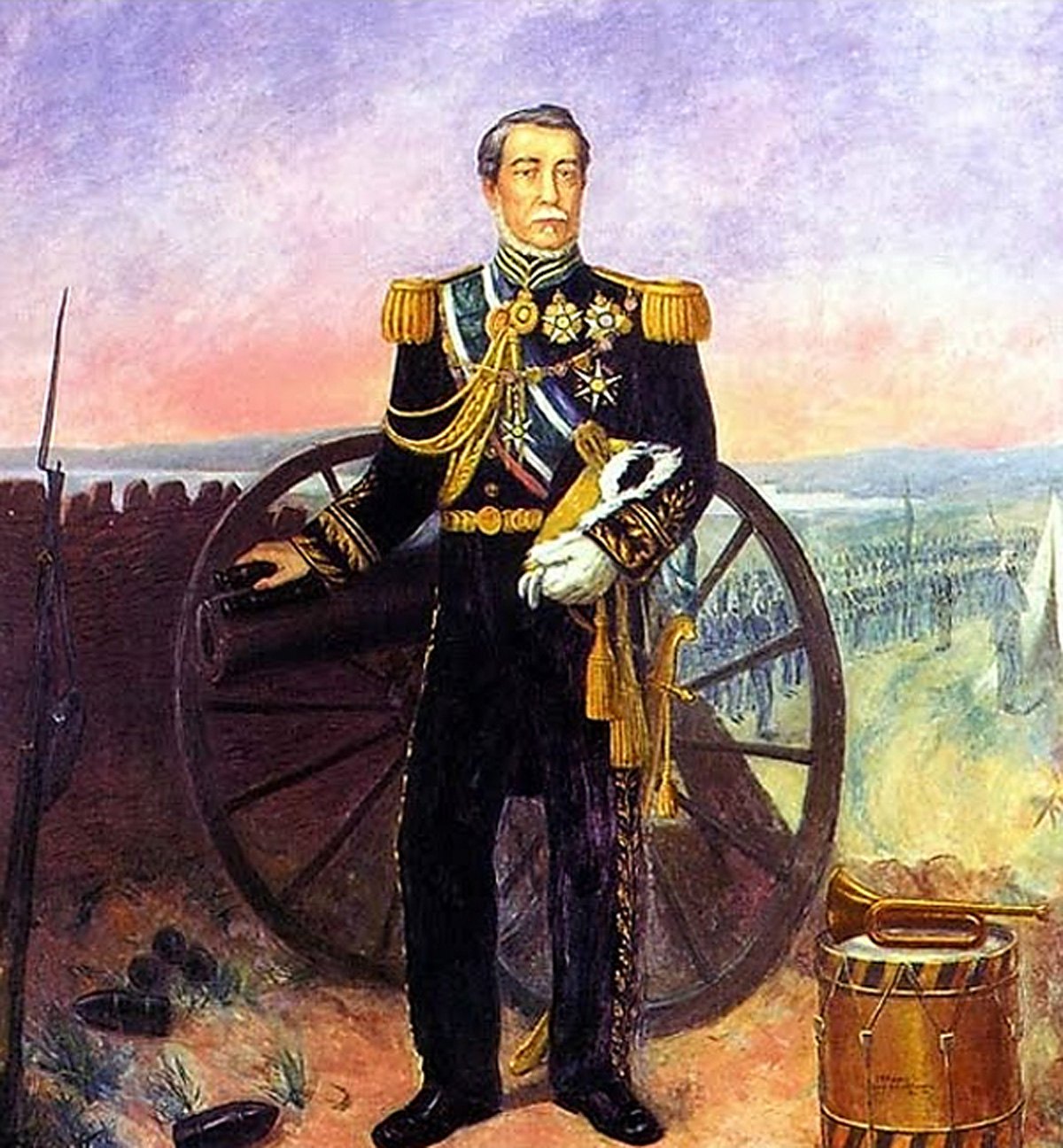 Representação em cores de Caxias em uniforme diante de uma posição de artilharia